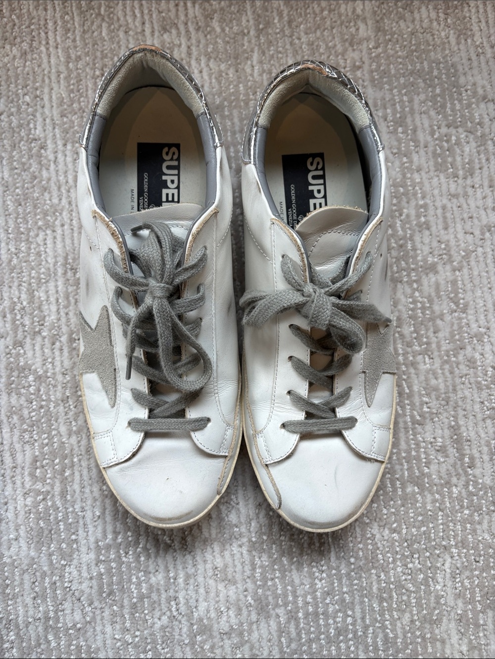 Golden Goose Super Star White Leather Sneakers with Grey Star - Size 41